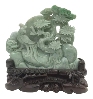 Carved Jadeite Mountain With Trees and Birds Sculpture