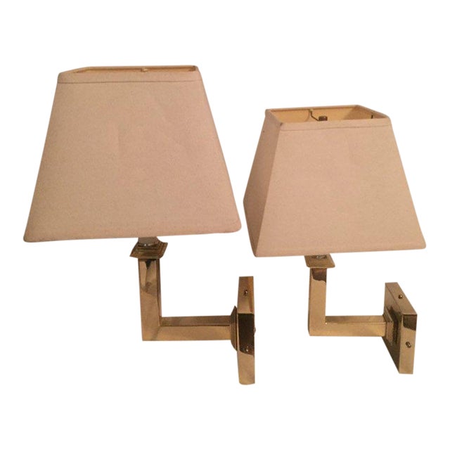 Vintage Modern Square Arm Wall Lamps Heavy Brass in the Style of Karl Springer - a Pair For Sale