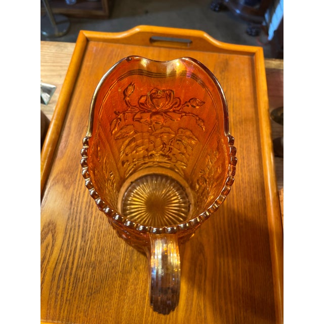 Art Deco 1930s Amber Carnival Glass Pitcher Marigold Rose by Imperial Glass Company For Sale - Image 3 of 6