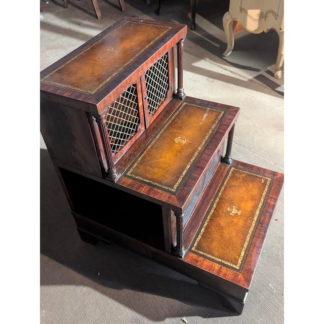 Wood Early 19th Century Regency Mahogany Library Steps Cabinet – Tooled Leather Insets & Brass Grille Doors For Sale - Image 7 of 7
