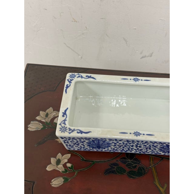 Ceramic Blue + White Floral Ceramic Rectangular Planter, Vintage For Sale - Image 7 of 12