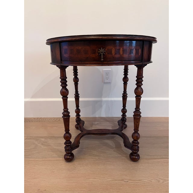 Jonathan Charles Round Side Table Walnut Finish With Burl Veneers and Hand Cut Inlays For Sale - Image 9 of 9