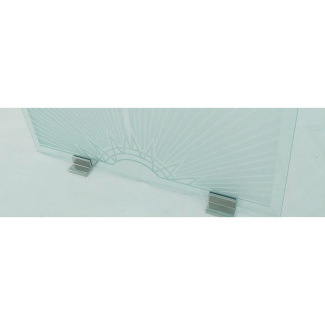 Gorgeous glass screen with green edged glass and a beautiful art deco etched design. Shiny chrome feet. Photos don't do it...