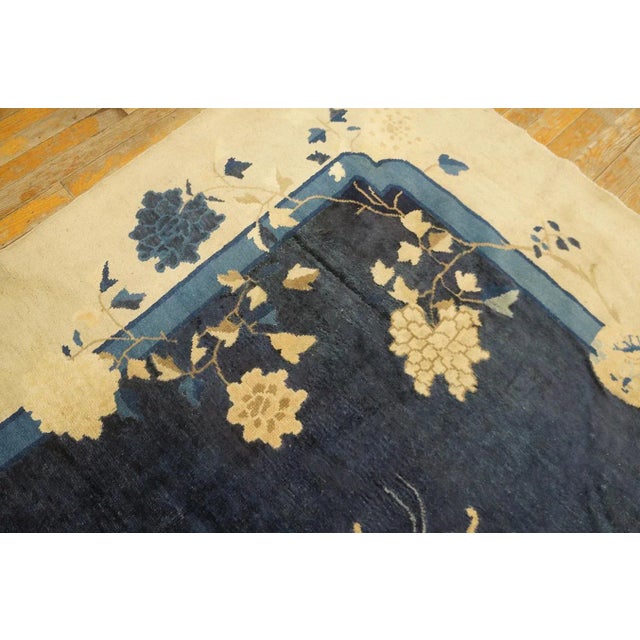 1920s Navy Blue Open Field Floral Antique Chinese Peking Rug 7' 10'' X 9' 6'' Wool & Silk Knotted Carpet For Sale - Image 4 of 9