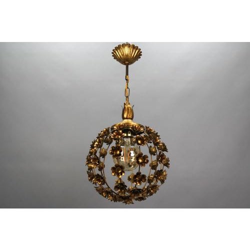 Hollywood Regency Style Gilt Metal Floral Sphere Pendant Light, Italy, 1970s For Sale - Image 14 of 18