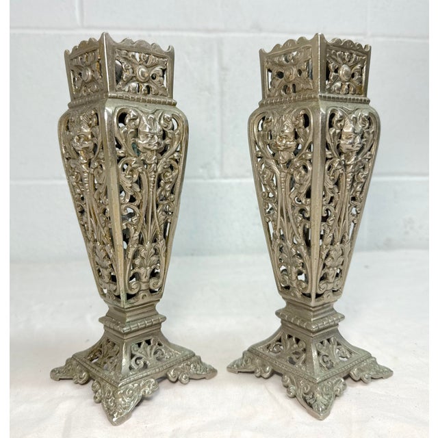 Pair of Antique Victorian Reticulated Open Worked Nickel Plated Brass Vases For Sale - Image 10 of 11
