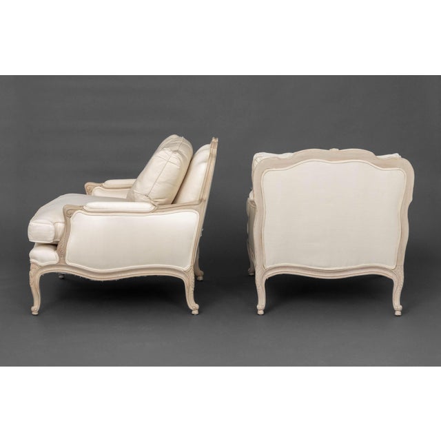 Wood Louis XV Style White Upholstered Bergeres, Pair For Sale - Image 7 of 9