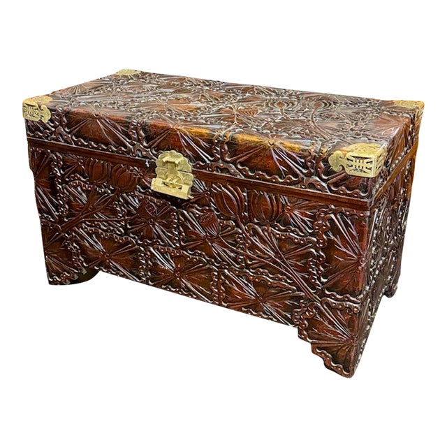 Vintage Carved Chinese Trunk For Sale