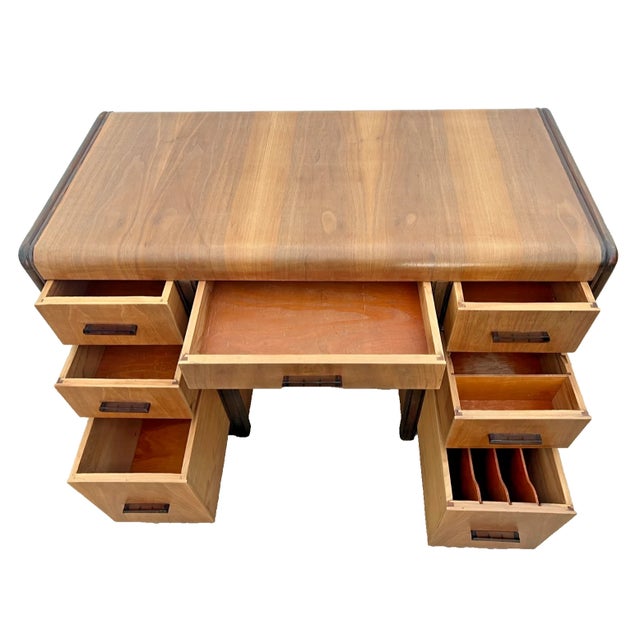 Art Deco Vintage Art Deco Desk, Waterfall Top, Seven Drawers With Bakelite Pulls, Walnut For Sale - Image 3 of 12
