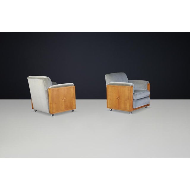 1930s Art Deco Dutch Armchairs with Inlay Motif in Oak and Velvet, 1930s, Set of 2 For Sale - Image 5 of 11