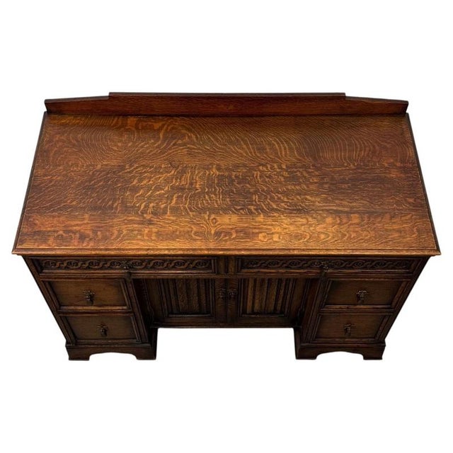 Antique Early 20th Century English Edwardian Carved Oak Desk For Sale - Image 4 of 13