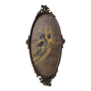 Vintage Mid-Century Abstract Gold & Black Impasto on Wood in Ornate Gilt Tall Oval Frame For Sale