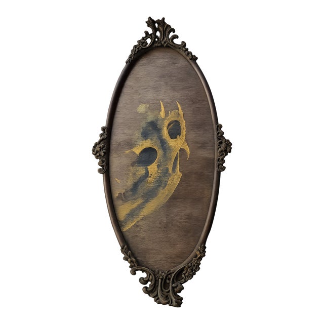 Vintage Mid-Century Abstract Gold & Black Impasto on Wood in Ornate Gilt Tall Oval Frame For Sale