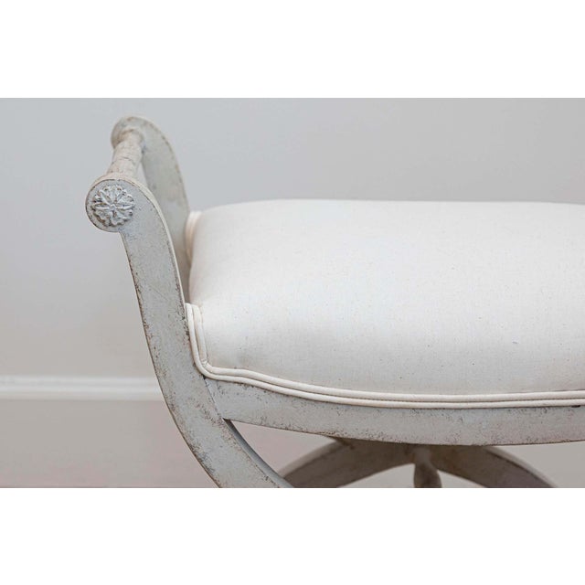 Swedish 1830s Empire Style Painted and Upholstered Stool with Spindle Arms For Sale - Image 4 of 9