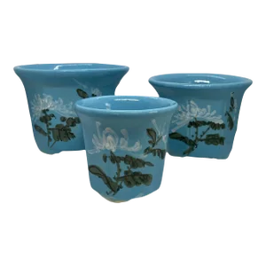 Mid 20th Century HandPainted French Blue Ceramic Planter Flower Pots - Set of 3