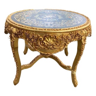 1980s Italian Baroque Antique Gold Finish Floral Beech Table For Sale