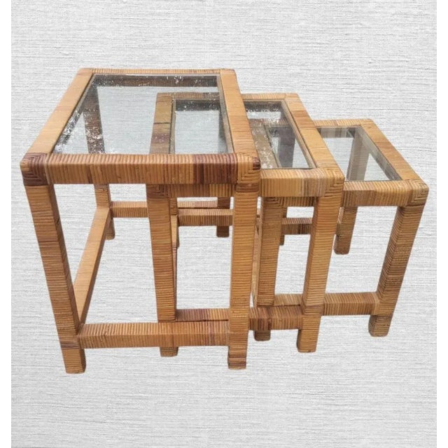 Bielecky Brothers Vintage Bielecky Brothers Style Mid Century Modern Glass Top Rattan Wrapped Nesting Tables- Set 3 For Sale - Image 4 of 6
