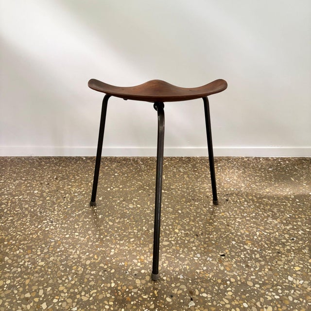 Rare stool by astor glibstrup for frederikssund mobelfabrik, denmark, 1950s. tripod metal frame with a nicely shaped seat...