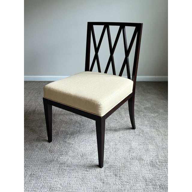 Elegant Baker Furniture side chair featuring a sophisticated geometric lattice back design with a rich dark espresso wood...