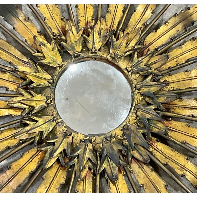 French Vintage French Sunburst Wall Mirror in Gilt Metal, Mid-Century Style For Sale - Image 3 of 11