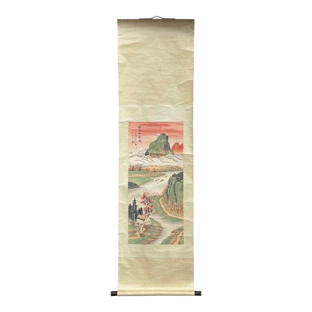 Vintage Chinese Color Ink Brush Scenery Scroll Painting Wall Art For Sale
