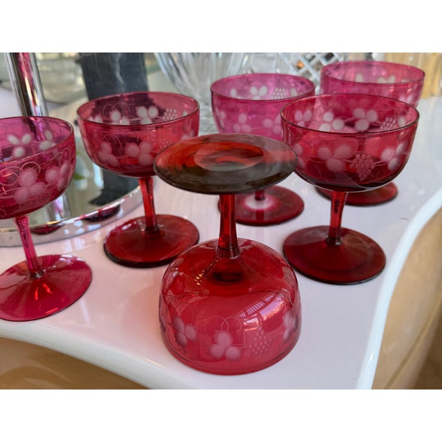 Glass Set of 6 Antique Baccarat Red to Clear Crystal Champagne Stems For Sale - Image 7 of 10