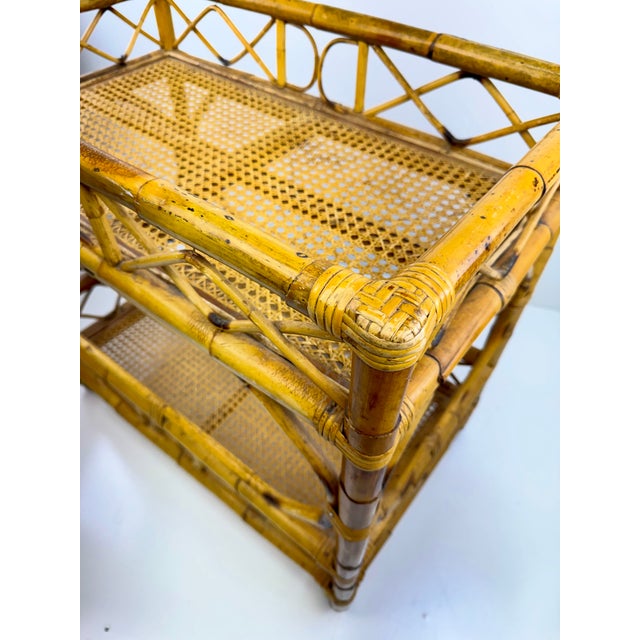 Vintage Bamboo and Cane Two-Tier Bar Cart With Brass Casters For Sale - Image 9 of 13
