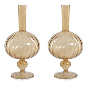 Vellum 2-Piece Set Large Light Amber Spiral Glass Vases, Onion Shape