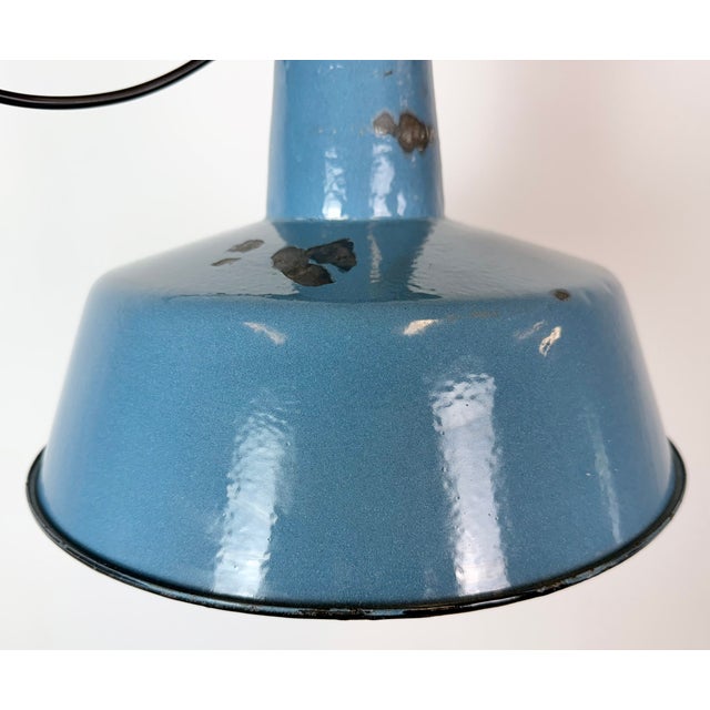 Industrial Blue Enamel Factory Lamp with Cast Iron Top, 1960s For Sale - Image 4 of 18