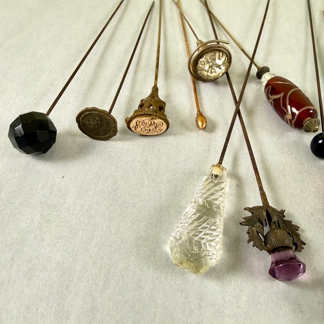 Antique Ladies Hat Pins Collection, Brass & Glass, 1900-1920 For Sale In Philadelphia - Image 6 of 12