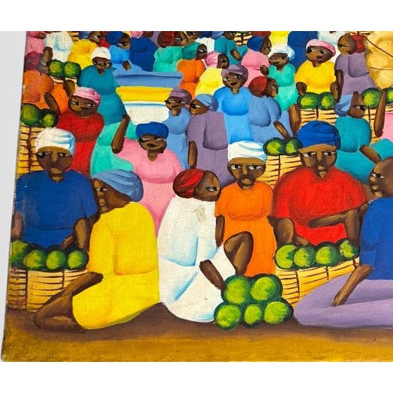 Vintage Haitian Folk Art Market Scene Oil Painting Signed F. Ambroise For Sale In Portland, ME - Image 6 of 8