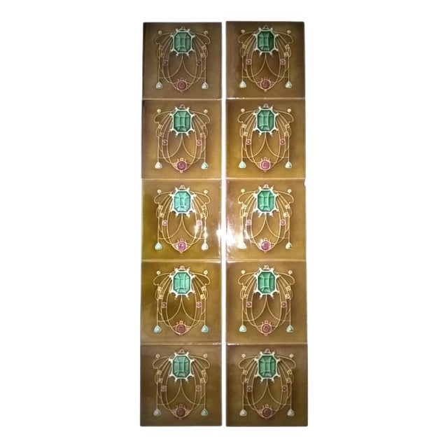 Antique Art Nouveau Fireplace Tiles, Set of 10 For Sale