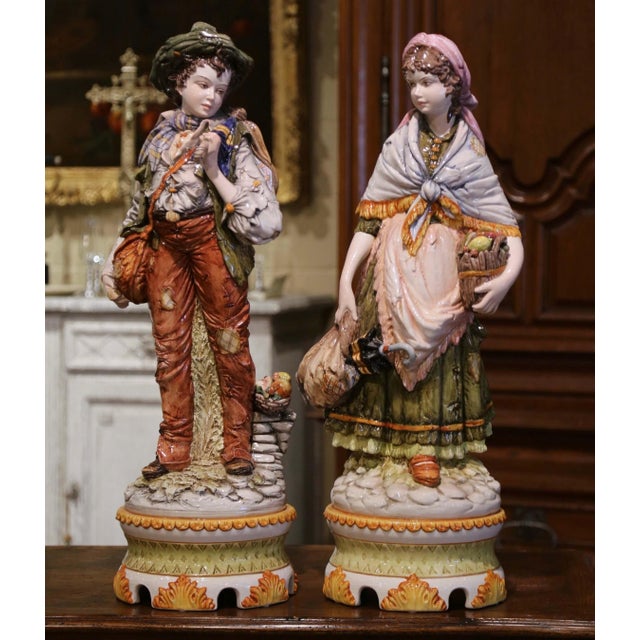 Pair of 20th Century Italian Hand-Painted Porcelain Figurine Statues For Sale In Dallas - Image 6 of 12