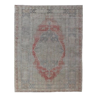 Antique Hand Knotted Turkish Oushak With Large Medallion in Off White and Coral 9'7 X 13'7 For Sale