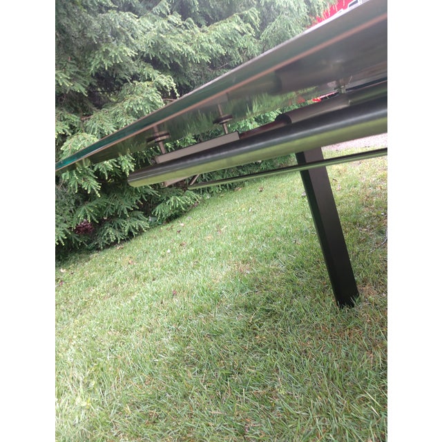 1990s Expandable Custom Made Chocolate Brown Glass Table With Black Chrome Metal Base For Sale - Image 11 of 11