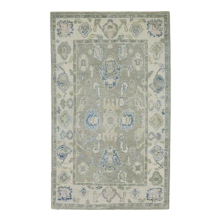 Early 21st Century Green & Blue Floral Design Handwoven Wool Turkish Oushak Rug 3'10" X 6'6" For Sale