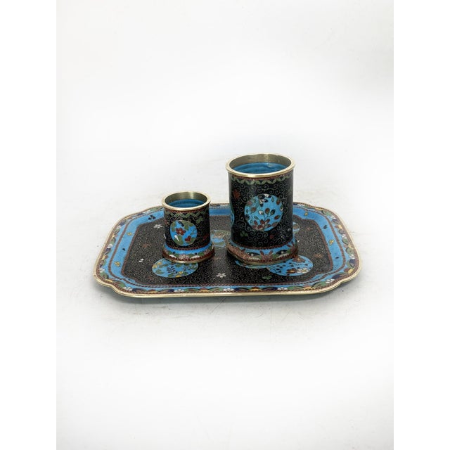Small cloisonné opium set comprising a tray and two boxes, China, 19th century. A delicate cloisonné enamel set consisting...