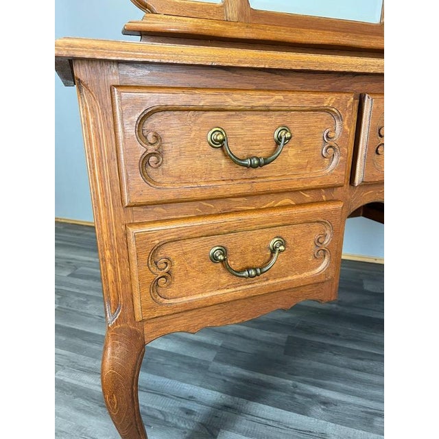 Brown Vintage French Louis Style Oak Dressing Table with Mirror For Sale - Image 8 of 12
