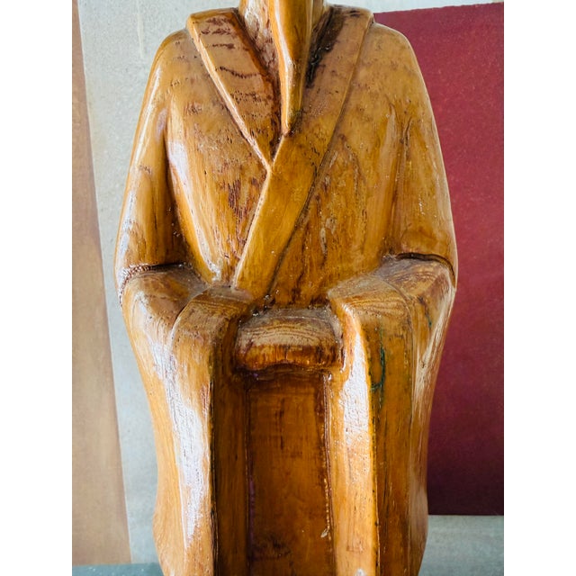 1950s Vintage Hand Carved Wooden Scholar Figure Asian Decorative Sculpture Mid Century For Sale - Image 5 of 12