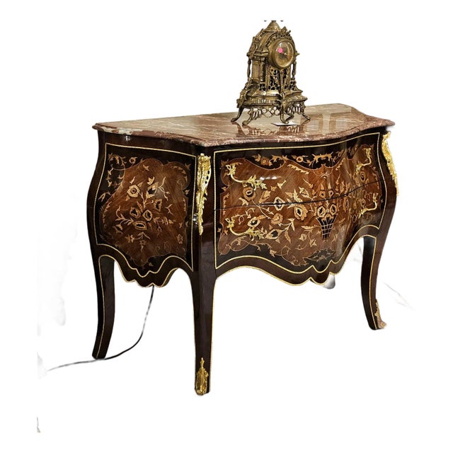 French Rococo Bombe Commode With Marble Top, Floral Inlay & Gilded Bronze Details For Sale