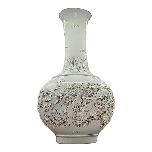 Wang Bingrong Signed Amazing White Glaze Chinese Large Vase With Dragons Antique For Sale
