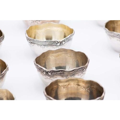Embossed Silver Wash Bowls, Set of 12, in Very Good conditions. Designed 1920 to 1949 This piece has an attribution mark,...