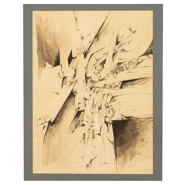 Italian Modernist abstract pen & ink drawing, with watercolor wash, signed, dated & titled, "Fragmentation", Venice...