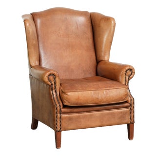 English Sheepskin Wing Armchair in Light Cognac Color For Sale