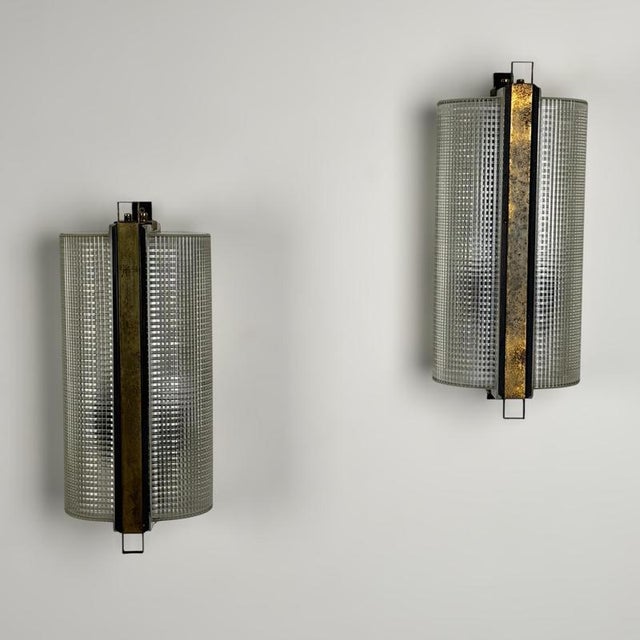 Metal Large Brass and Pressed Glass Sconces by Jacques Adnet, France, 1960s, Set of 2 For Sale - Image 7 of 18