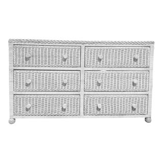 Vintage White Wicker, Six Drawer Bureau, Dresser, White, Solid, Wood and Wicker For Sale