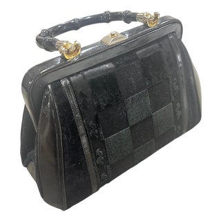 1940s Art Deco Black Leather, Velvet and Bamboo Italian Hand Bag For Sale