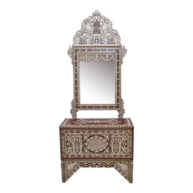 Vintage Moorish Mother-Of-Pearl Inlaid Walnut Console Table & Mirror Set For Sale