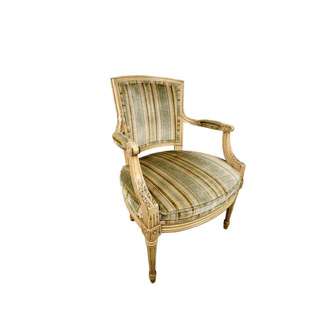 Wood Vintage Neoclassical Striped Seat Armchair For Sale - Image 7 of 15