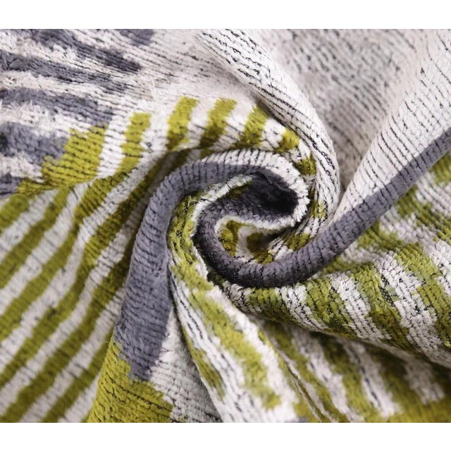 Textile Luxury Silk Velvet Pillow 16x24 – Handmade Green & Gray Geometric Lumbar Cushion For Sale - Image 7 of 8